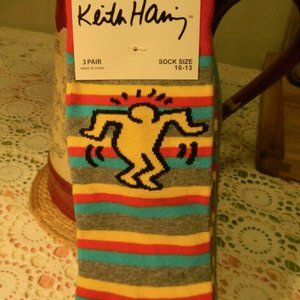 Keith Haring-3 Pair Pak-Grey&Striped-Figures-Art Socks-Size10-13-NWT
